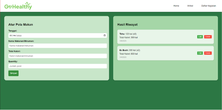 GoHealthy meal log: a form to add a food and its calories next to a list of logged meals
