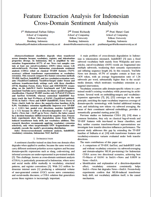 First page of the paper Feature Extraction Analysis for Indonesian Cross-Domain Sentiment Analysis, showing the title, the three authors, the abstract and the start of the introduction