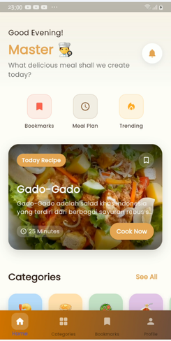 TasteCraft home screen with a greeting, shortcuts for bookmarks, meal plan and trending, and today's recipe